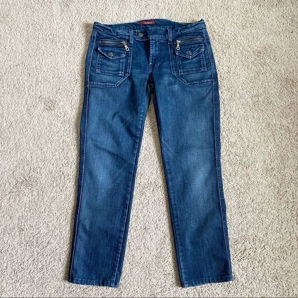 7 For All Mankind Dark Wash Low Rise Crop Straight Leg Stretch Jeans 29 Y2K - Picture 1 of 7